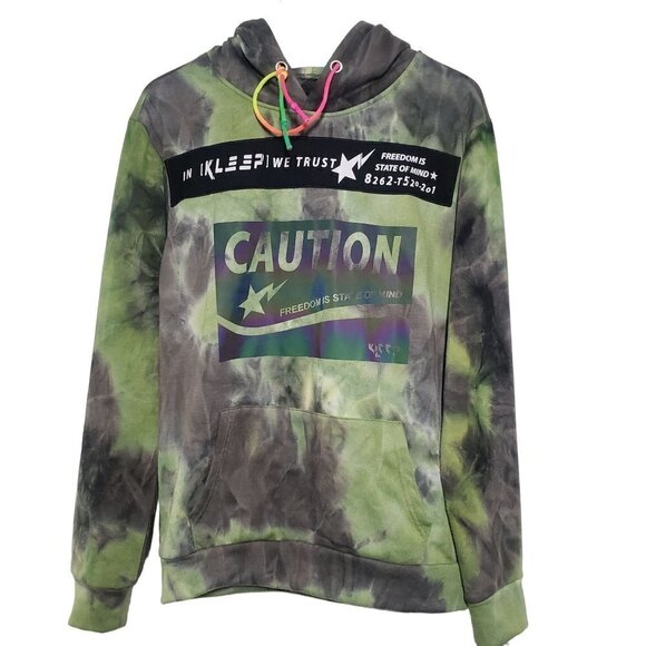 Kleep Reflective Caution Fleece Hoodie Green Tie Dye Pullover Mens Medium - Picture 1 of 11